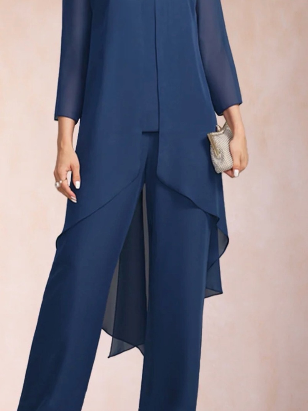 Elegant Navy Women's Pantsuit with Sheer Overlay - long sleeve - beaded neckline